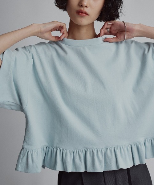 W:Huku(フーク)の「【新色追加】【W:Huku / シルキータッチコットン】ハーフスリーブ フリル ショート Tシャツ / 半袖 ハーフスリーブ / Cotton Half-Sleeve Ruffle T-Shirt(Tシャツ/カットソー・レディース・オフホワイト/ライトブラウン/ブラック/チャコール/グリーン系その他/ブルー・FREE)」の22枚目の写真