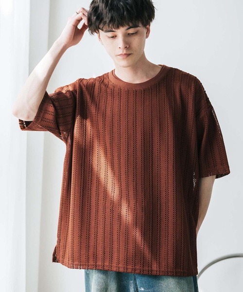 Rocky Monroe(ロッキーモンロー)の「オーバーサイズ 透かし編みアンサンブル半袖Tシャツ(アンサンブル・メンズ・ベージュ/ブラウン/グレー/ホワイト/ブラック・M/XL/L)」の1枚目の写真