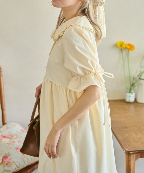 ゆったりサイズ襟フリルコットンローウエストワンピース♡.＊　ブルーグレー ゆったりサイズ襟フリルコットンローウエストワンピース