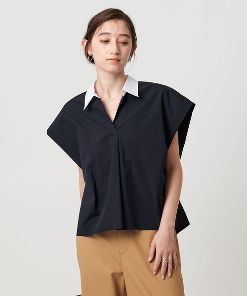 スキッパーフレンチスリーブシャツ ブラウス-ウォッシャブル