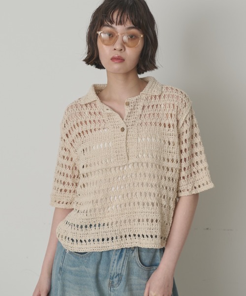 full/fill.(フルフィル)の「ハーフスリーブクロシェレーストップス(ポロシャツ・レディース・ナチュラル/ブラックミックス/ブラック・FREE)」の3枚目の写真