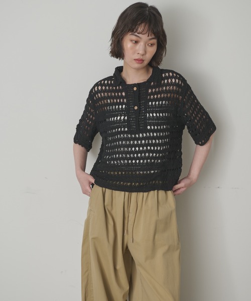 full/fill.(フルフィル)の「ハーフスリーブクロシェレーストップス(ポロシャツ・レディース・ナチュラル/ブラックミックス/ブラック・FREE)」の14枚目の写真