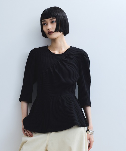 ADAM ET ROPE' ペプラムカットソー 半袖Tシャツ　異素材 WEB限定】ハーフスリーブペプラムカットソー（Tシャツ