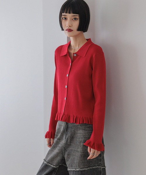 LOWRYS FARM(ローリーズファーム)の「スソフリルカーディガンLS 577229(ニット/セーター・レディース・ブラック/ベージュ/ブラウン/グレー/レッド/ピンク・FREE)」の14枚目の写真