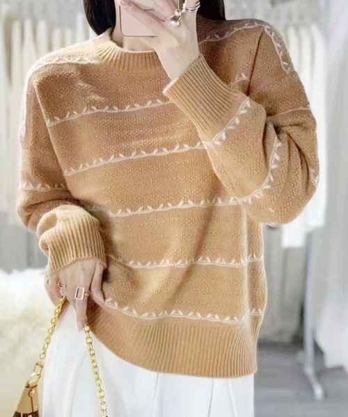 Lace Ladies(レースレディース)の「クルーネック 配色 ライン 長袖 ニット プルオーバー(ニット/セーター・レディース・アイボリー/パープル/ベージュ/ワインレッド/ブラック・FREE)」の3枚目の写真