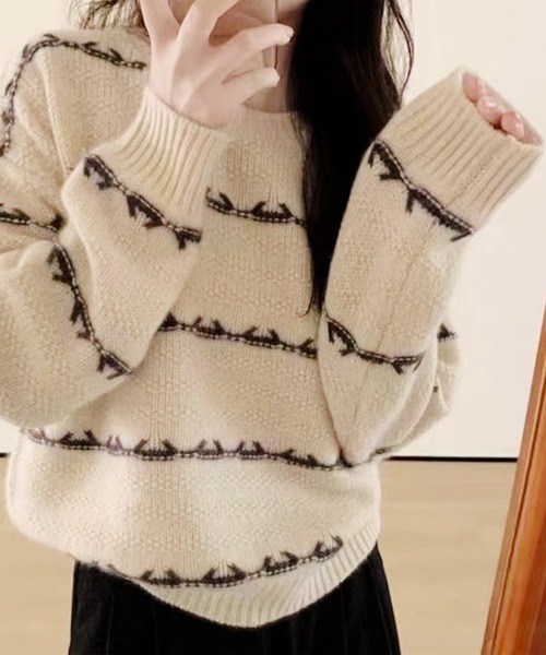 Lace Ladies(レースレディース)の「クルーネック 配色 ライン 長袖 ニット プルオーバー(ニット/セーター・レディース・アイボリー/パープル/ベージュ/ワインレッド/ブラック・FREE)」の1枚目の写真