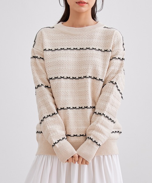 Lace Ladies(レースレディース)の「クルーネック 配色 ライン 長袖 ニット プルオーバー(ニット/セーター・レディース・アイボリー/パープル/ベージュ/ワインレッド/ブラック・FREE)」の6枚目の写真
