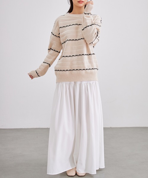 Lace Ladies(レースレディース)の「クルーネック 配色 ライン 長袖 ニット プルオーバー(ニット/セーター・レディース・アイボリー/パープル/ベージュ/ワインレッド/ブラック・FREE)」の7枚目の写真