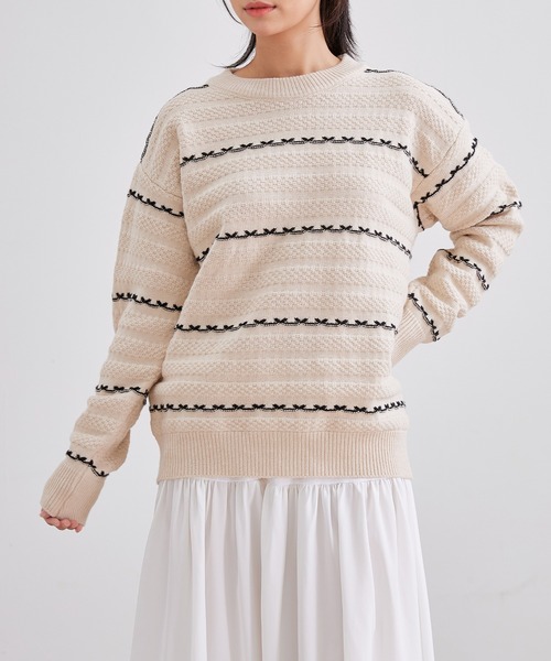 Lace Ladies(レースレディース)の「クルーネック 配色 ライン 長袖 ニット プルオーバー(ニット/セーター・レディース・アイボリー/パープル/ベージュ/ワインレッド/ブラック・FREE)」の8枚目の写真
