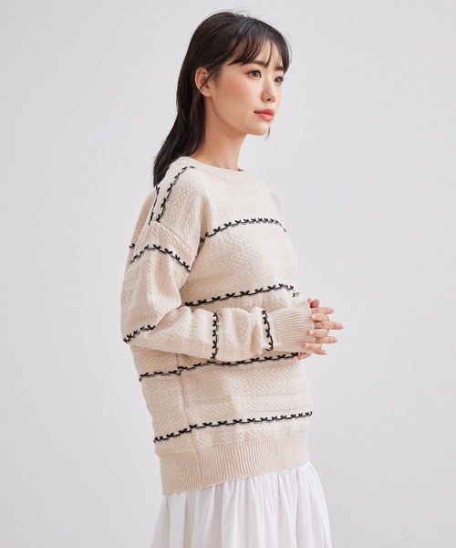Lace Ladies(レースレディース)の「クルーネック 配色 ライン 長袖 ニット プルオーバー(ニット/セーター・レディース・アイボリー/パープル/ベージュ/ワインレッド/ブラック・FREE)」の9枚目の写真
