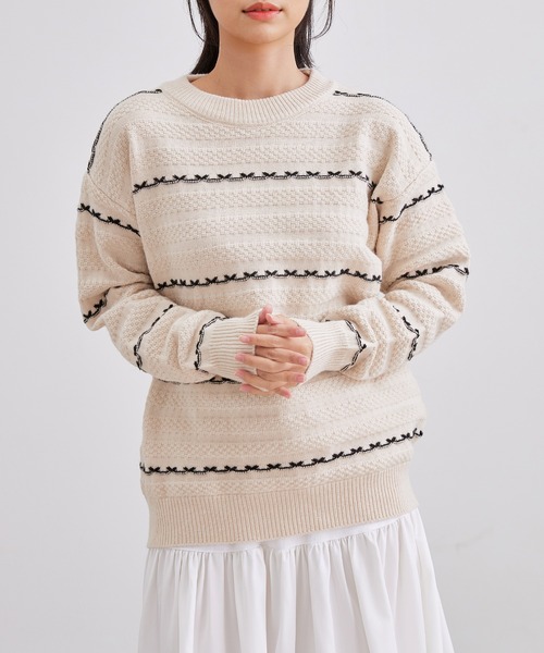 Lace Ladies(レースレディース)の「クルーネック 配色 ライン 長袖 ニット プルオーバー(ニット/セーター・レディース・アイボリー/パープル/ベージュ/ワインレッド/ブラック・FREE)」の10枚目の写真