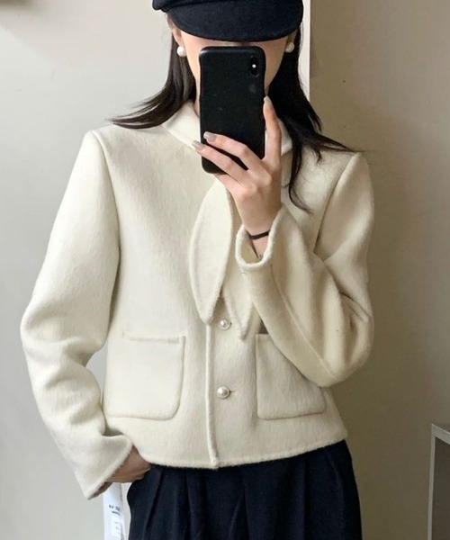 Lace Ladies(レースレディース)の「コットン ウール スカーフ付き パールボタン ジャケット(ノーカラージャケット・レディース・ブラック/アイボリー/グレー・FREE)」の2枚目の写真