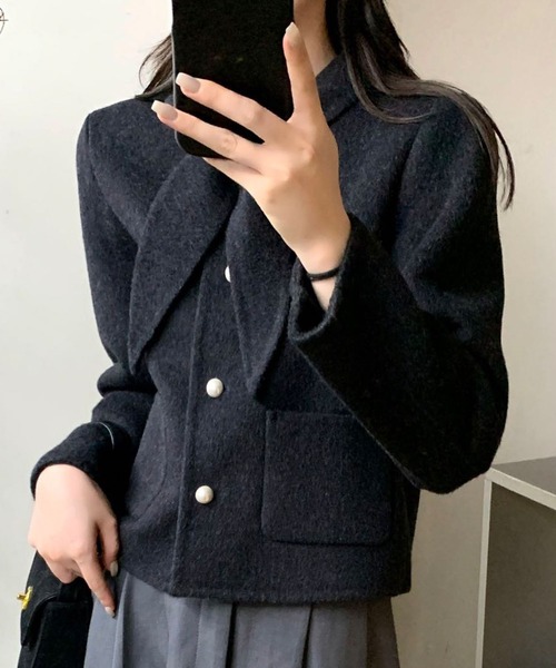 Lace Ladies(レースレディース)の「コットン ウール スカーフ付き パールボタン ジャケット(ノーカラージャケット・レディース・ブラック/アイボリー/グレー・FREE)」の4枚目の写真