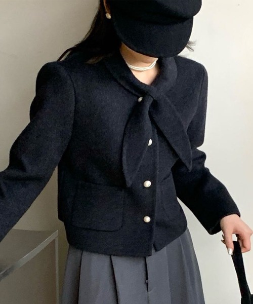 Lace Ladies(レースレディース)の「コットン ウール スカーフ付き パールボタン ジャケット(ノーカラージャケット・レディース・ブラック/アイボリー/グレー・FREE)」の5枚目の写真
