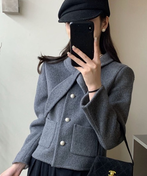 Lace Ladies(レースレディース)の「コットン ウール スカーフ付き パールボタン ジャケット(ノーカラージャケット・レディース・ブラック/アイボリー/グレー・FREE)」の6枚目の写真