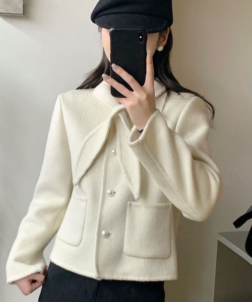 Lace Ladies(レースレディース)の「コットン ウール スカーフ付き パールボタン ジャケット(ノーカラージャケット・レディース・ブラック/アイボリー/グレー・FREE)」の8枚目の写真