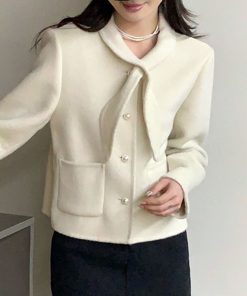 Lace Ladies(レースレディース)の「コットン ウール スカーフ付き パールボタン ジャケット(ノーカラージャケット・レディース・ブラック/アイボリー/グレー・FREE)」の9枚目の写真