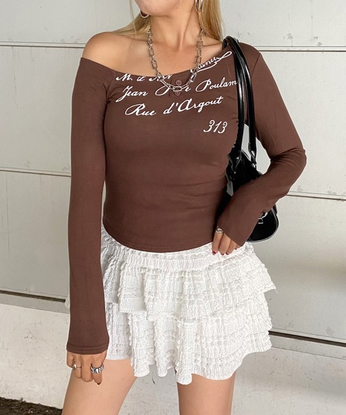 non-hedge(ノンヘッジ)の「ロゴオフショルダーロンT(Tシャツ/カットソー・レディース・オフホワイト/ブラック/グレー/ネイビー/ブラウン・FREE)」の1枚目の写真