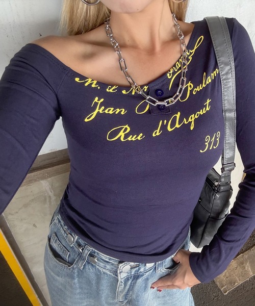 non-hedge(ノンヘッジ)の「ロゴオフショルダーロンT(Tシャツ/カットソー・レディース・オフホワイト/ブラック/グレー/ネイビー/ブラウン・FREE)」の22枚目の写真