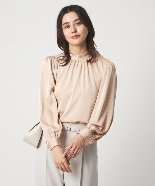 サテン スタンドネック ギャザー ブラウス（シャツ/ブラウス）｜green