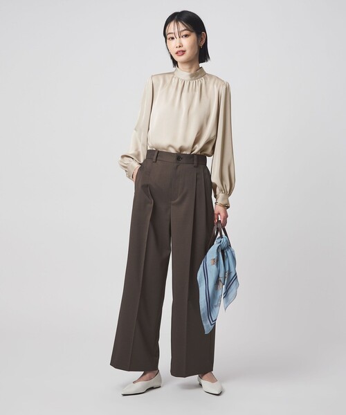 サテン スタンドネック ギャザー ブラウス（シャツ/ブラウス）｜green