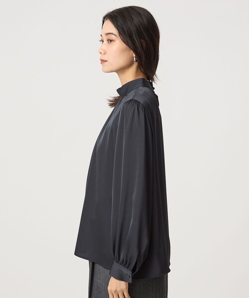 サテン スタンドネック ギャザー ブラウス（シャツ/ブラウス）｜green