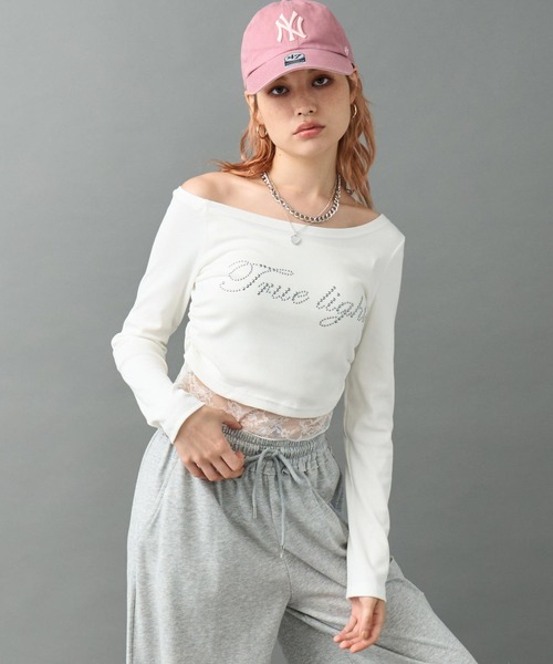 ANAP(アナップ)の「スタッズ ロゴ レース ヘム ワンショルダー リブ トップス(Tシャツ/カットソー・レディース・ブラック/ホワイト・F)」の6枚目の写真