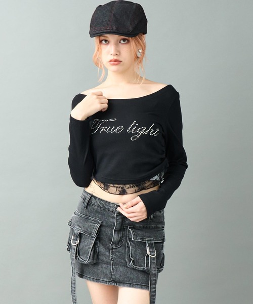 ANAP(アナップ)の「スタッズ ロゴ レース ヘム ワンショルダー リブ トップス(Tシャツ/カットソー・レディース・ブラック/ホワイト・F)」の14枚目の写真