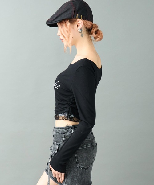 ANAP(アナップ)の「スタッズ ロゴ レース ヘム ワンショルダー リブ トップス(Tシャツ/カットソー・レディース・ブラック/ホワイト・F)」の15枚目の写真