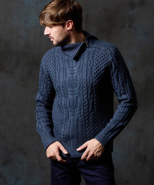 HIDEAWAYS NICOLE(ハイダウェイニコル)の「ケーブル編み衿ファスナータートルネックニット(ニット/セーター・メンズ・ブラック/ネイビー/ホワイト×ライトグレー/ホワイト×ネイビー・LARGE/MEDIUM/X-LARGE)」の4枚目の写真