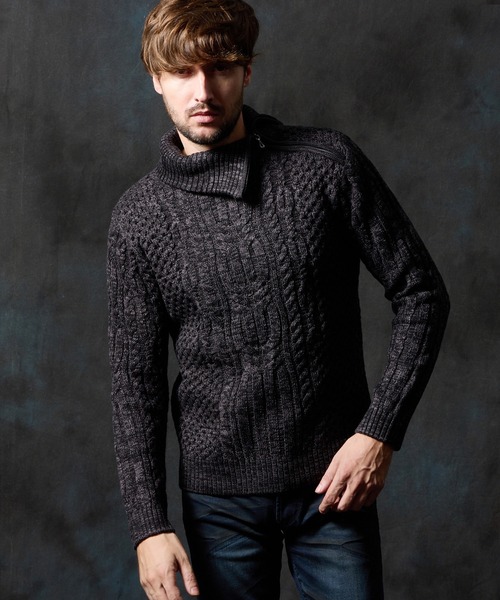 HIDEAWAYS NICOLE(ハイダウェイニコル)の「ケーブル編み衿ファスナータートルネックニット(ニット/セーター・メンズ・ブラック/ネイビー/ホワイト×ライトグレー/ホワイト×ネイビー・LARGE/MEDIUM/X-LARGE)」の3枚目の写真