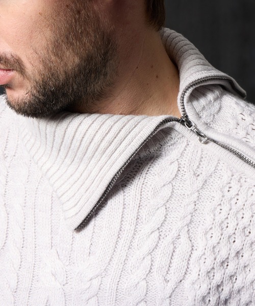 HIDEAWAYS NICOLE(ハイダウェイニコル)の「ケーブル編み衿ファスナータートルネックニット(ニット/セーター・メンズ・ブラック/ネイビー/ホワイト×ライトグレー/ホワイト×ネイビー・LARGE/MEDIUM/X-LARGE)」の11枚目の写真