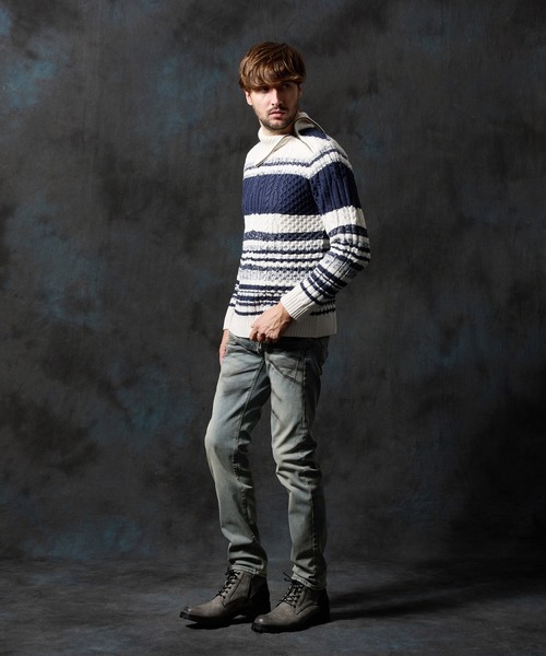 HIDEAWAYS NICOLE(ハイダウェイニコル)の「ケーブル編み衿ファスナータートルネックニット(ニット/セーター・メンズ・ブラック/ネイビー/ホワイト×ライトグレー/ホワイト×ネイビー・LARGE/MEDIUM/X-LARGE)」の18枚目の写真