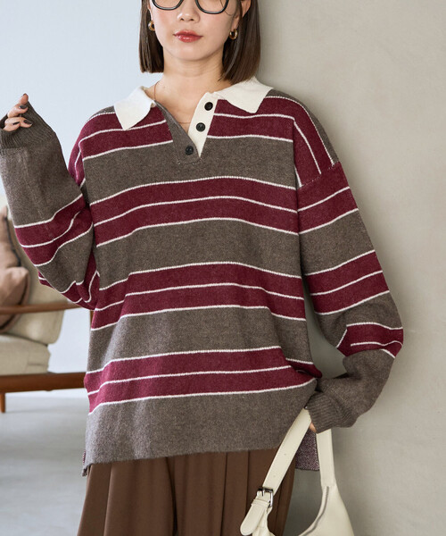 限定展開 ラガー ボーダー ニット ポロ襟 プルオーバー（ニット