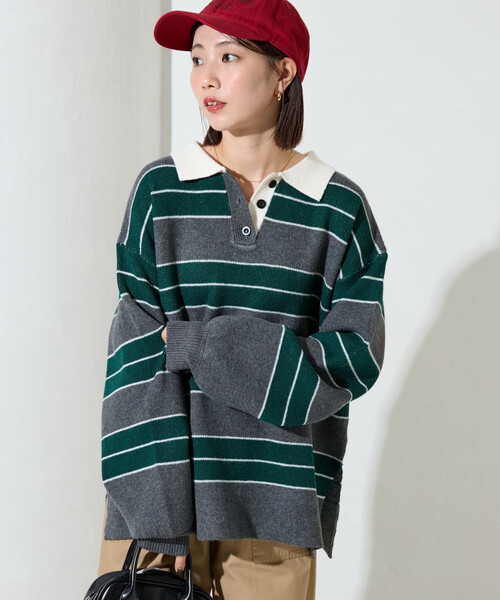 限定展開 ラガー ボーダー ニット ポロ襟 プルオーバー（ニット