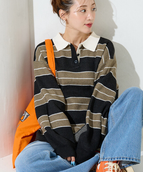 限定展開 ラガー ボーダー ニット ポロ襟 プルオーバー（ニット