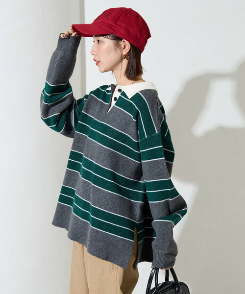 FREAK'S STORE(フリークスストア)の「限定展開 ラガー ボーダー ニット ポロ襟 プルオーバー(ニット/セーター・レディース・ブラウン/グレー/ブラック・フリ-)」の6枚目の写真
