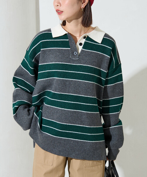 限定展開 ラガー ボーダー ニット ポロ襟 プルオーバー（ニット