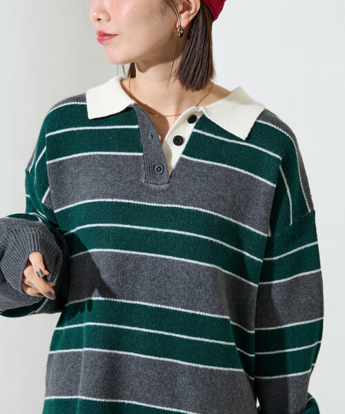 限定展開 ラガー ボーダー ニット ポロ襟 プルオーバー（ニット