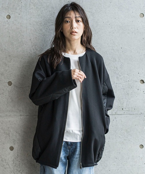 セール】ダンボール×キルティングロングノーカラーブルゾン
