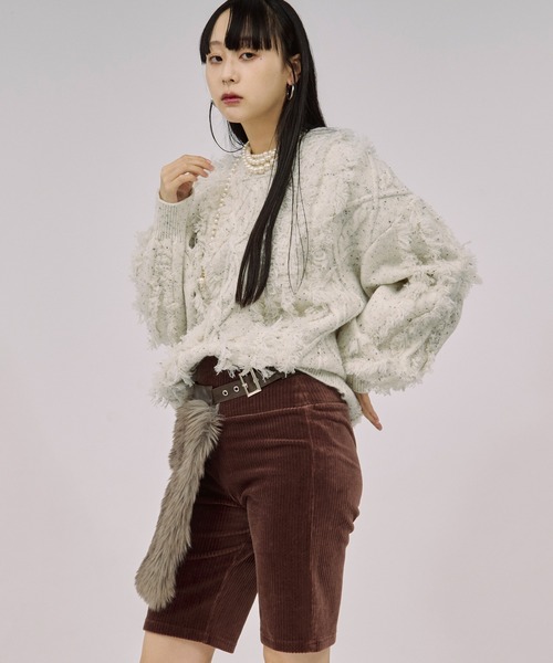 Ezick(エジック)の「cable fringe mix knit ケーブルフリンジミックスニット(ニット/セーター・レディース・アイボリー/ライトグレー/ライトブルー・FREE)」の5枚目の写真