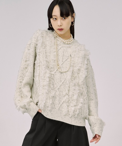 Ezick(エジック)の「cable fringe mix knit ケーブルフリンジミックスニット(ニット/セーター・レディース・アイボリー/ライトグレー/ライトブルー・FREE)」の16枚目の写真
