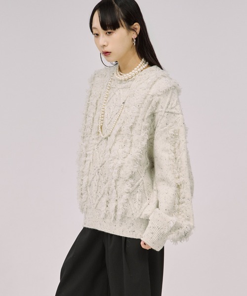 Ezick(エジック)の「cable fringe mix knit ケーブルフリンジミックスニット(ニット/セーター・レディース・アイボリー/ライトグレー/ライトブルー・FREE)」の18枚目の写真
