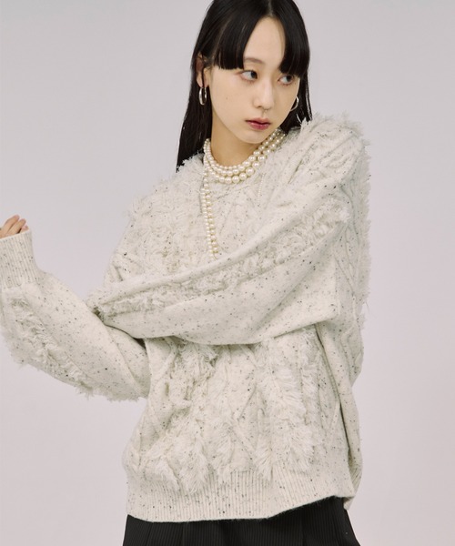 Ezick(エジック)の「cable fringe mix knit ケーブルフリンジミックスニット(ニット/セーター・レディース・アイボリー/ライトグレー/ライトブルー・FREE)」の12枚目の写真