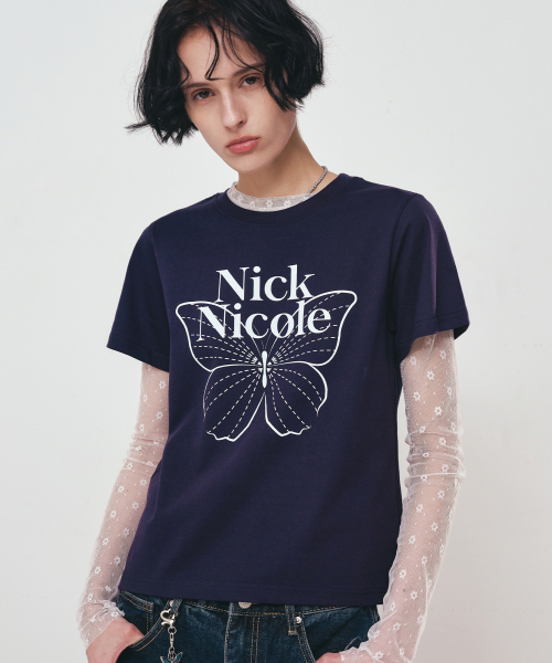 NICK&NICOLE(ニックアンドニコール)の「BUTTERFLY NICOLE LABEL SLIM TOP_NAVY WHITE(Tシャツ/カットソー・レディース・その他・FREE)」の1枚目の写真