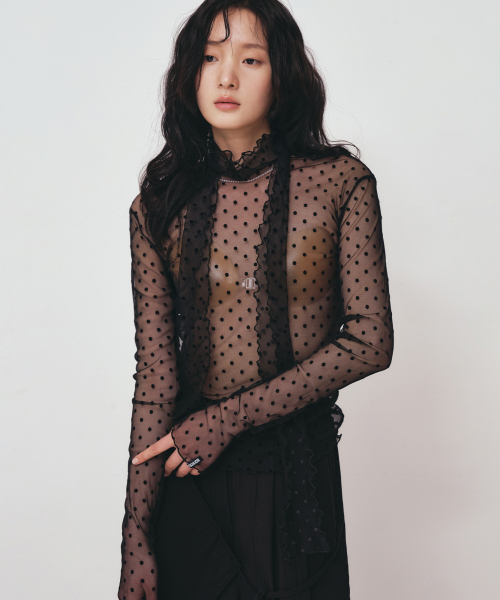 NICK&NICOLE(ニックアンドニコール)の「DOT MESH SCARF TOP_BLACK(Tシャツ/カットソー・レディース・その他・LARGE)」の1枚目の写真