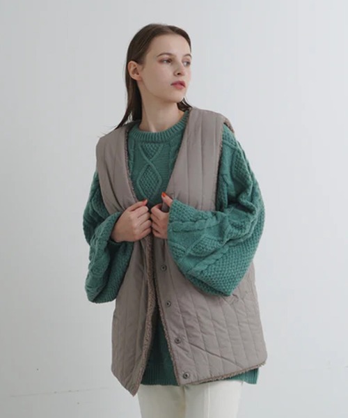 merrylatte（メリーラテ）の「オーバーデザインボアベスト（ベスト・レディース・ベージュ/ブラウン・FREE）」の5枚目の写真