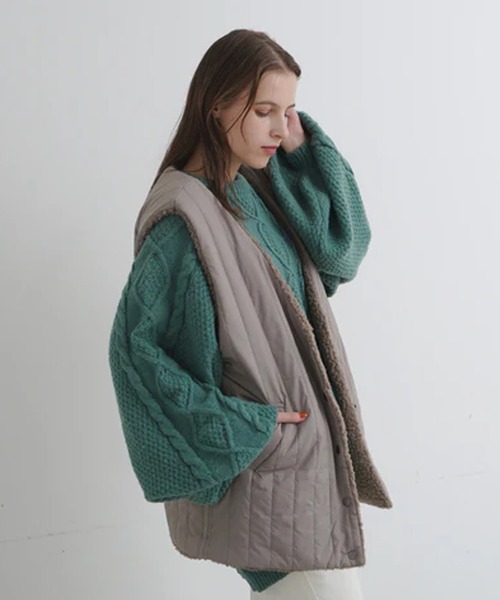 merrylatte（メリーラテ）の「オーバーデザインボアベスト（ベスト・レディース・ベージュ/ブラウン・FREE）」の6枚目の写真