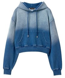 リバースウォッシュドクロップデニムフードティーシャツ[ミッドブルー]