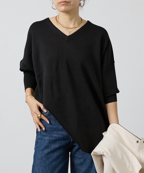 DESIGNWORKS（デザインワークス）の「ハーフミラノVネックプルオーバー（ニット/セーター・レディース・ブラック・フリー）」の6枚目の写真